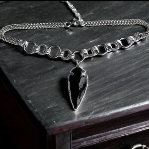 stainless steel necklace double wheat chain black obsidian arrow gemstone .